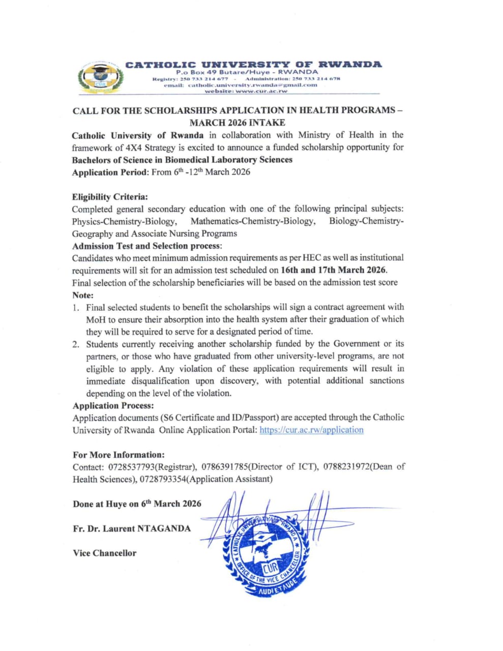 Catholic University of Rwanda, Scholarship Appplication
