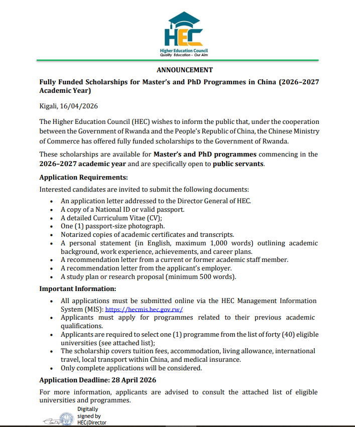 PEOPLE’S REPUBLIC OF CHINA - GOVERNMENT OF RWANDA SCHOLARSHIPS