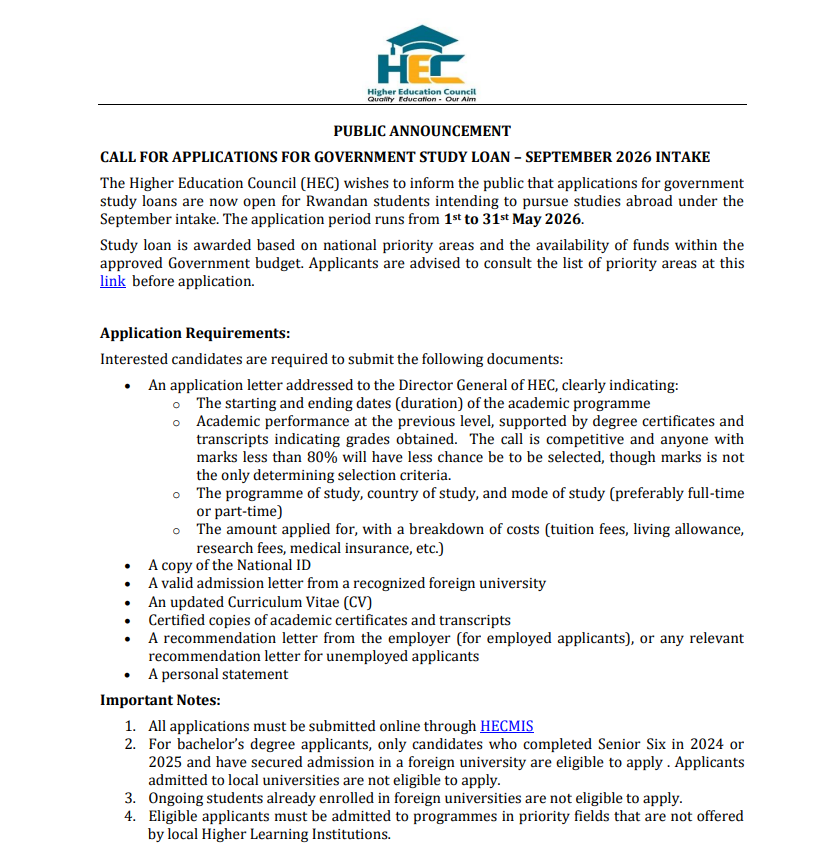 CALL FOR APPLICATION FOR GOVERNMENT STUDY LOAN FOR SEPTEMBER 2026 INTAKE