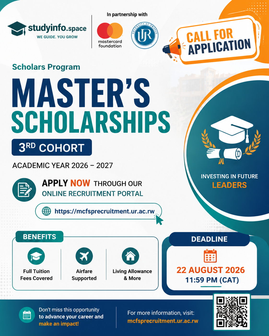 Call for Application for Postgraduate Scholarships - 3rd Cohort Mastercard Foundation Scholars Program at the University of Rwanda-Academic year 2026 – 2027