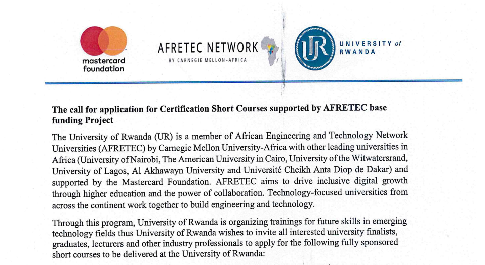 Call for application for Afretec short courses