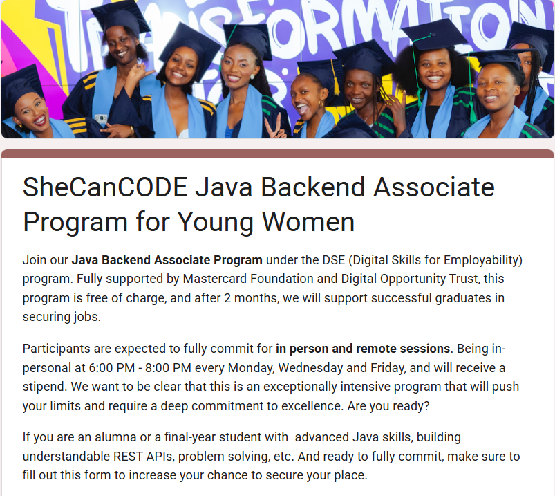SheCanCODE Java Backend Associate Program for Young Women