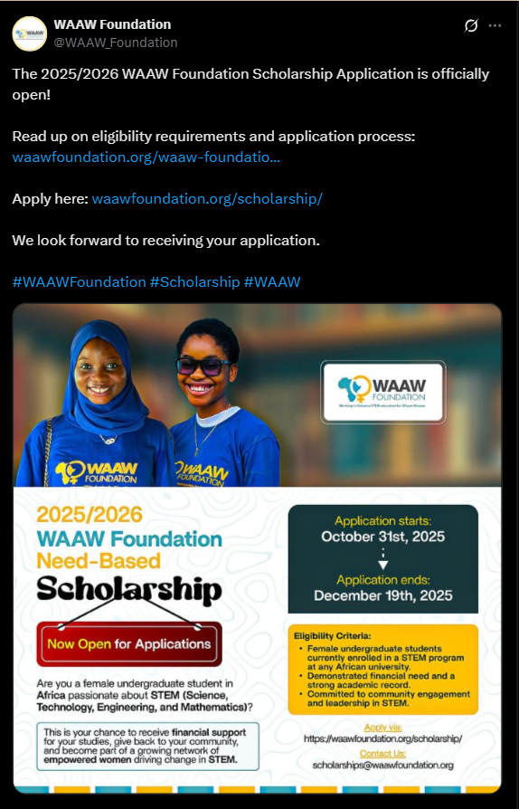 The 2025/2026 WAAW Foundation Scholarship Application is officially open!